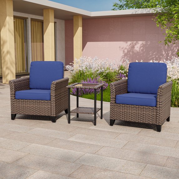 COOS BAY Harbor Retreat 3-Piece Mix Brown Rattan Wicker Outdoor Patio Conversation Set Dining Chairs with Curved Armrest, Coffee Table, Blue Cushions