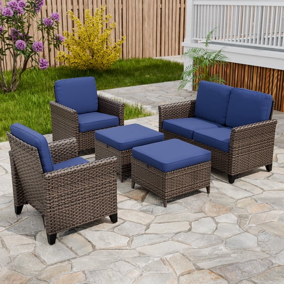 COOS BAY Harbor Retreat 5-Piece Mix Brown Rattan Wicker Outdoor Patio Conversation Set Curved Armrest Dining Chairs and Loveseat, Ottomans, Blue Cushions