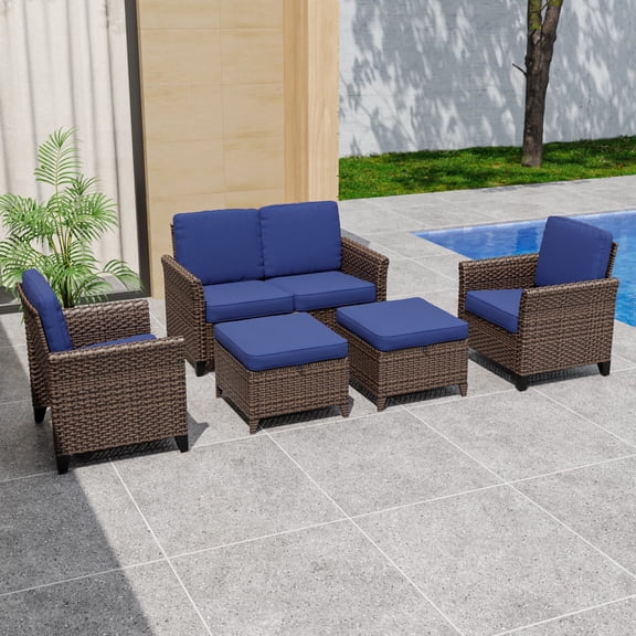 COOS BAY Harbor Retreat 5-Piece Mix Brown Rattan Wicker Outdoor Patio Conversation Set Curved Armrest Dining Chairs and Loveseat, Ottomans, Blue Cushions