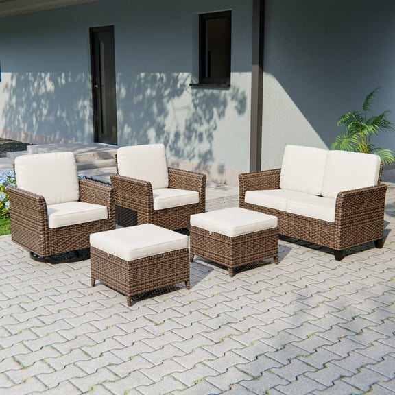 COOS BAY Harbor Retreat 5-Piece Mix Brown Rattan Wicker Outdoor Patio Conversation Set Curved Armrest Swivel Rocking Chairs and Loveseat, Ottomans, Beige Cushions