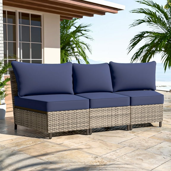 COOS BAY Aurora Terrace Brown Wicker Rattan Patio Sectional Seating Group Armless 3-Seat Sofa, Blue Cushion