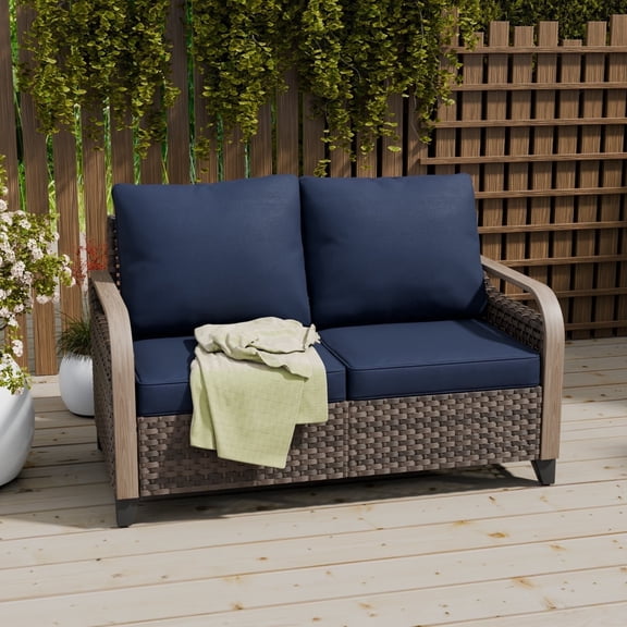 COOS BAY Outdoor Patio Brown Wicker Rattan Loveseat Sofa with Blue Cushions for Backyard, Balcony and Deck