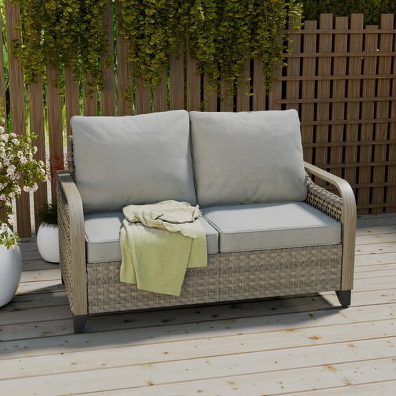 COOS BAY Outdoor Patio Brown Wicker Rattan Loveseat Sofa with Gray Cushions for Backyard, Balcony and Deck