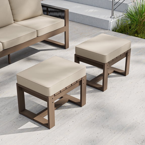 COOS BAY Outdoor Patio Ottoman, 2PCS Patio Real Wood Ottoman with Soft Cushion for&nbsp;Backyard, Balcony, Garden,Beige