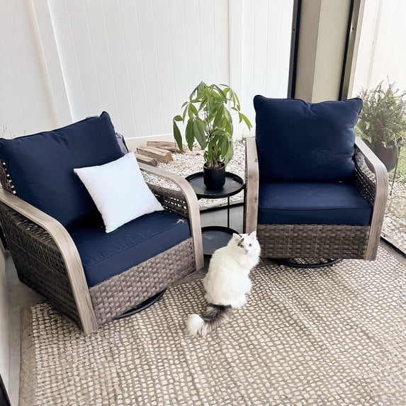 COOS BAY Outdoor Wicker Glider Chair Patio Rattan 360° Swivel Rocking Chair with Blue Cushions for Garden, Poolside, Backyard (Set of 2)
