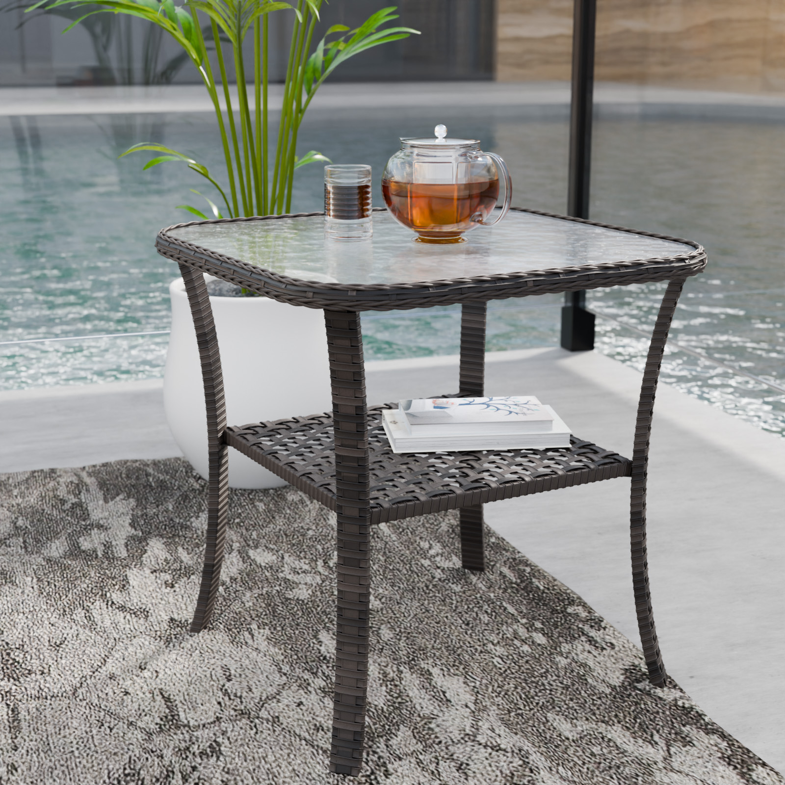 Outdoor Rattan Dining Table, Patio Wicker Round Coffee Table with 2-Tier Storage Shelf, Brown