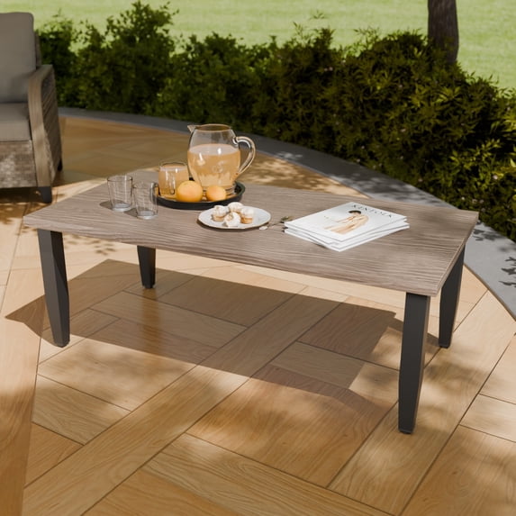 COOS BAY Patio Furniture Rectangular Coffee Table with Wood Grain Top for Indoor Outdoor Use