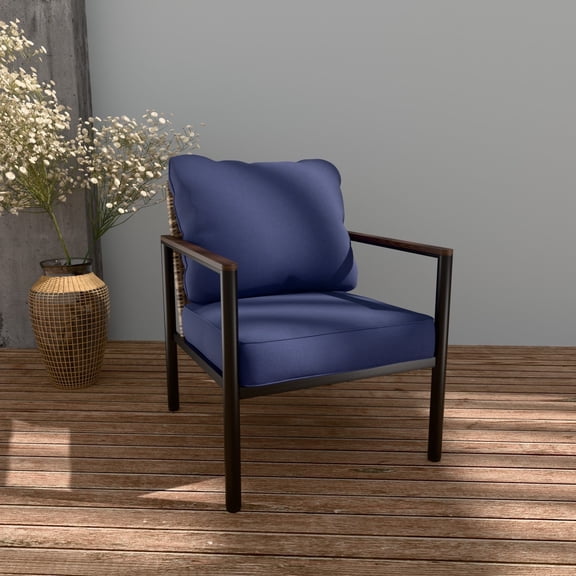 COOS BAY Sand Dune Patio Light Brown Wicker Dining Chair in Metal Frame with Blue Cushions (Set of 1)