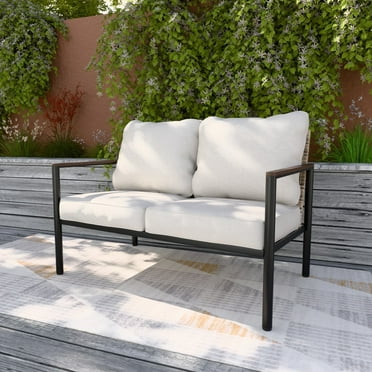 COOS BAY Sand Dune Patio Light Brown Wicker Loveseat in Metal Frame with Beige Cushions