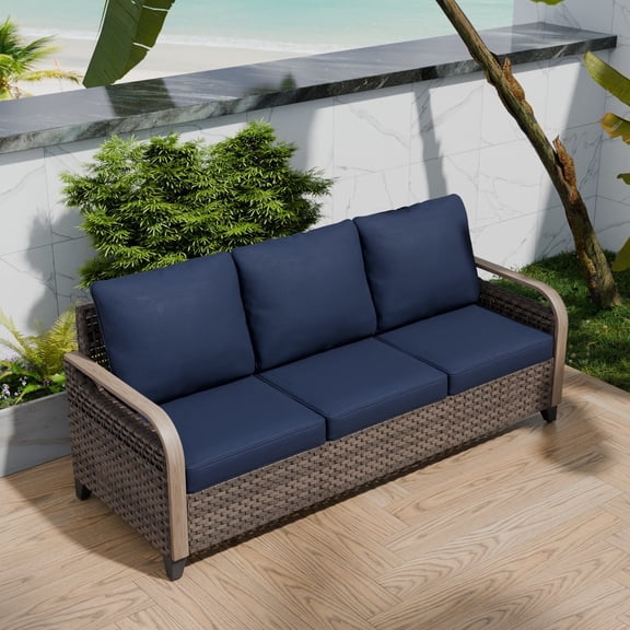 COOS BAY Patio Outdoor Brown Wicker Rattan 3-Seat Sofa with Blue Cushions for Yard Porch Pool