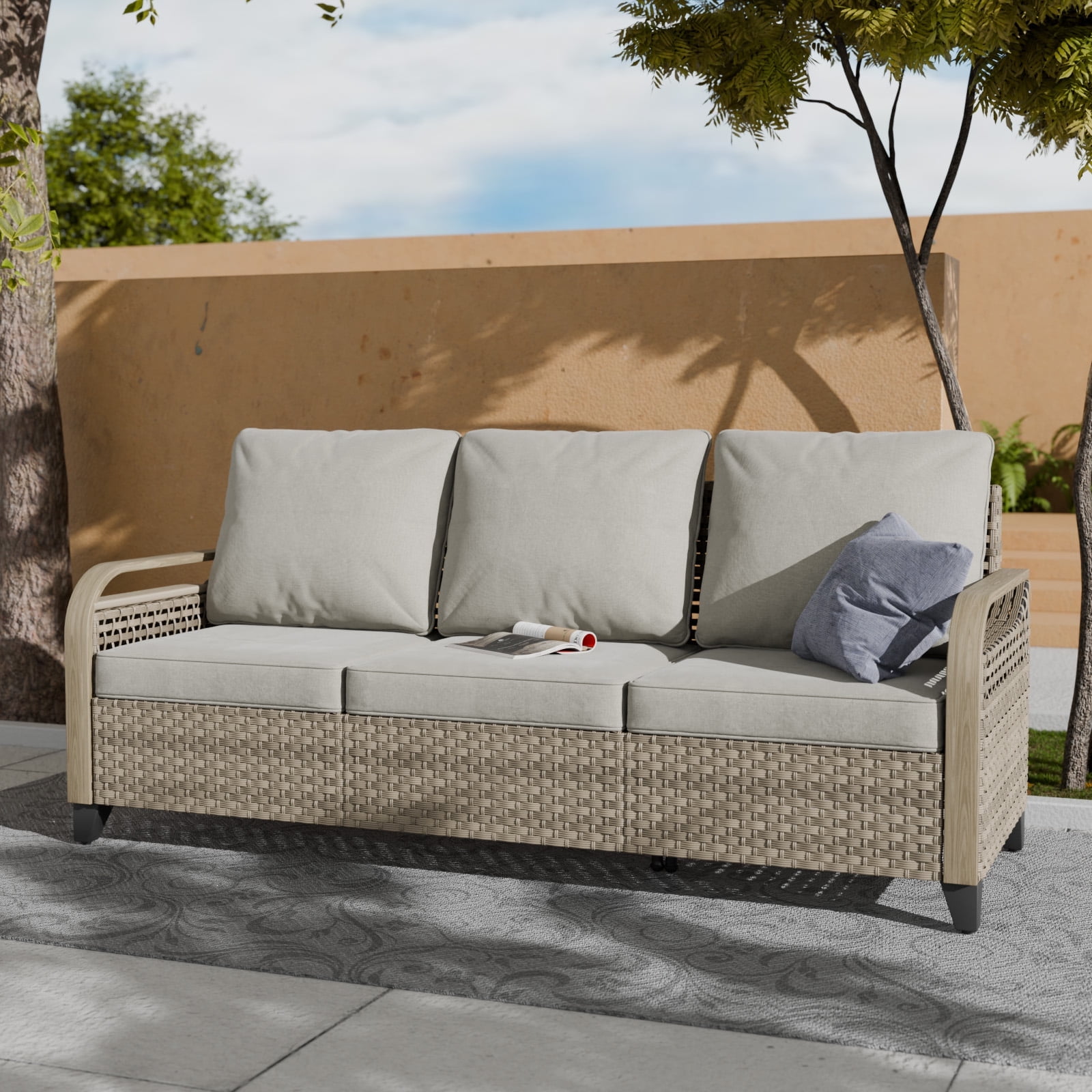 Outdoor Beige Wicker and Steel Three-Seat Sectional Sofa with Gray Cushions
