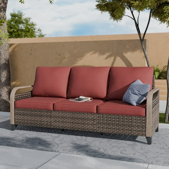 COOS BAY Patio Outdoor Brown Wicker Rattan 3-Seat Sofa with Red Cushions for Yard Porch Pool