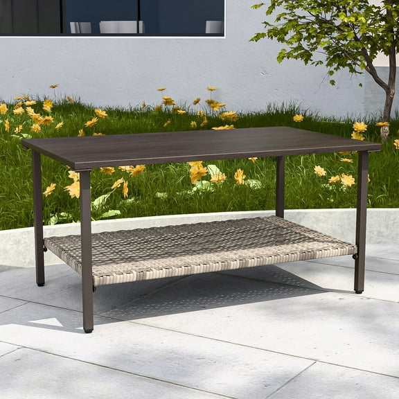 COOS BAY Aurora Terrace Patio Outdoor Wood Grain Top Metal Frame Rectangular Coffee Table with 2 Tiers Wicker Storage Space