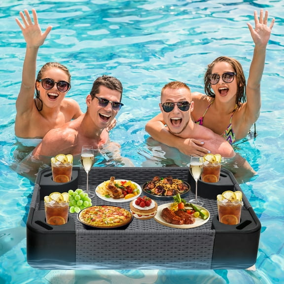 COOS BAY Rectangle Floating Tray, All Weather Rattan Woven Floating Pool Tray for Pool & Tub, Gray