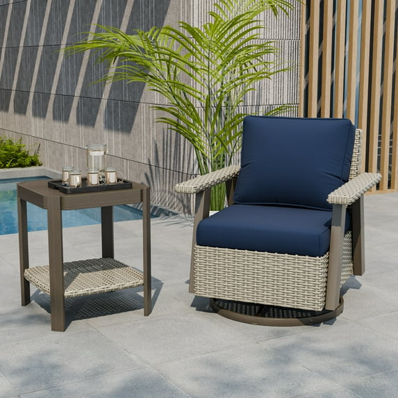 COOS BAY Rustic Hideaway Outdoor Swivel Rocker Patio Chair and Table Set, 2-Piece Wicker Bistro Set with Cushions, Beige/Dark Blue