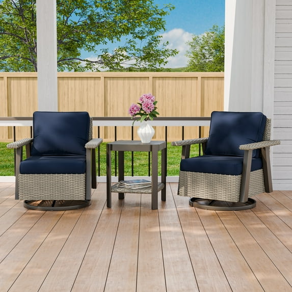 COOS BAY Rustic Hideaway Outdoor Swivel Rocker Patio Chair and Table Set, 4-Piece Wicker Bistro Set with Cushions, Beige/Dark Blue