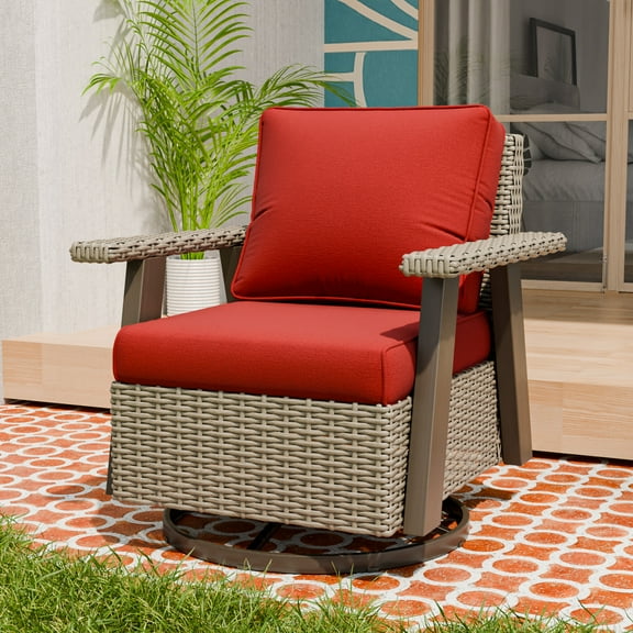 COOS BAY Rustic Hideaway Single Outdoor Swivel Rocker, Patio Wicker Rocking Chair with Deep Seating for Patio, Outdoor Balcony, Beige/Red