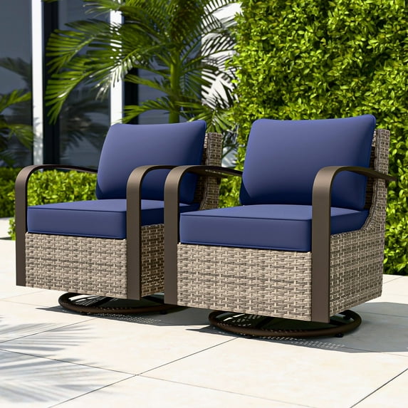 COOS BAY Aurora Terrace Set of 2 Brown Wicker Rattan Patio Swivel Rocking Glider Chairs, Metal Curved Armrest, Blue Cushion