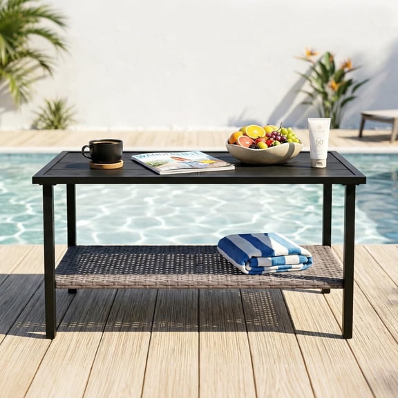 COOS BAY Sunset Haven Outdoor Patio Coffee Table, Rectangle Outdoor Coffee Table with Double-Tier Storage, Wicker Patio End Table, 35.4"x18.1"x18.5", Brown