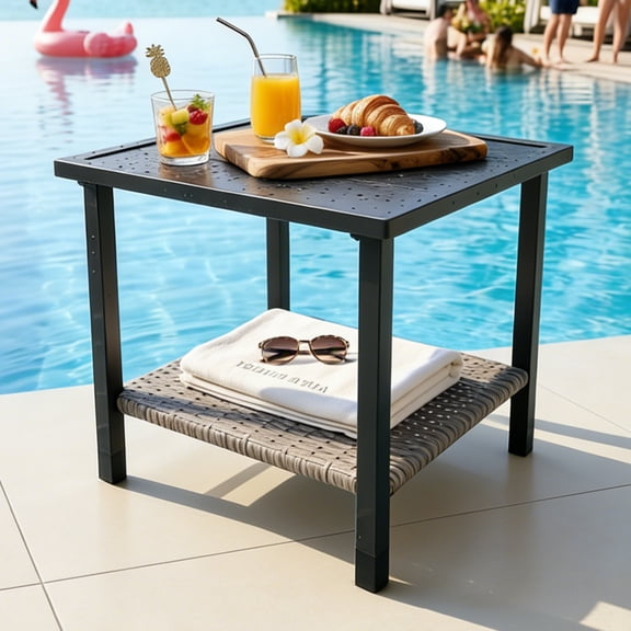 COOS BAY Sunset Haven Outdoor Patio Square Side Table, Wicker & Steel End Table with Double-Tier Storage, Black