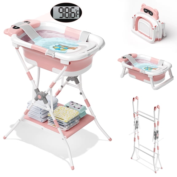 COOSEYA 2-in-1 Baby Bathtub with Stand for Newborn and Infants, Foldable Baby Bath Tub, Baby Shower Gifts for New Parents, Gray