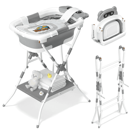 COOSEYA 2-in-1 Baby Bathtub with Stand and Storage Shelf, Foldable Elevated Baby Bath Tub with Thermometer & Soft Cushion for Newborn to Toddler 0-2 Years, Gray