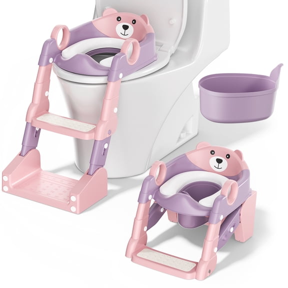 COOSEYA 3-in-1 Toddler Potty Training Seat with Step Stool, Foldable & Height Adjustable, Anti-Slip Splash Guard for Boys Girls Kids (Pink Purple)