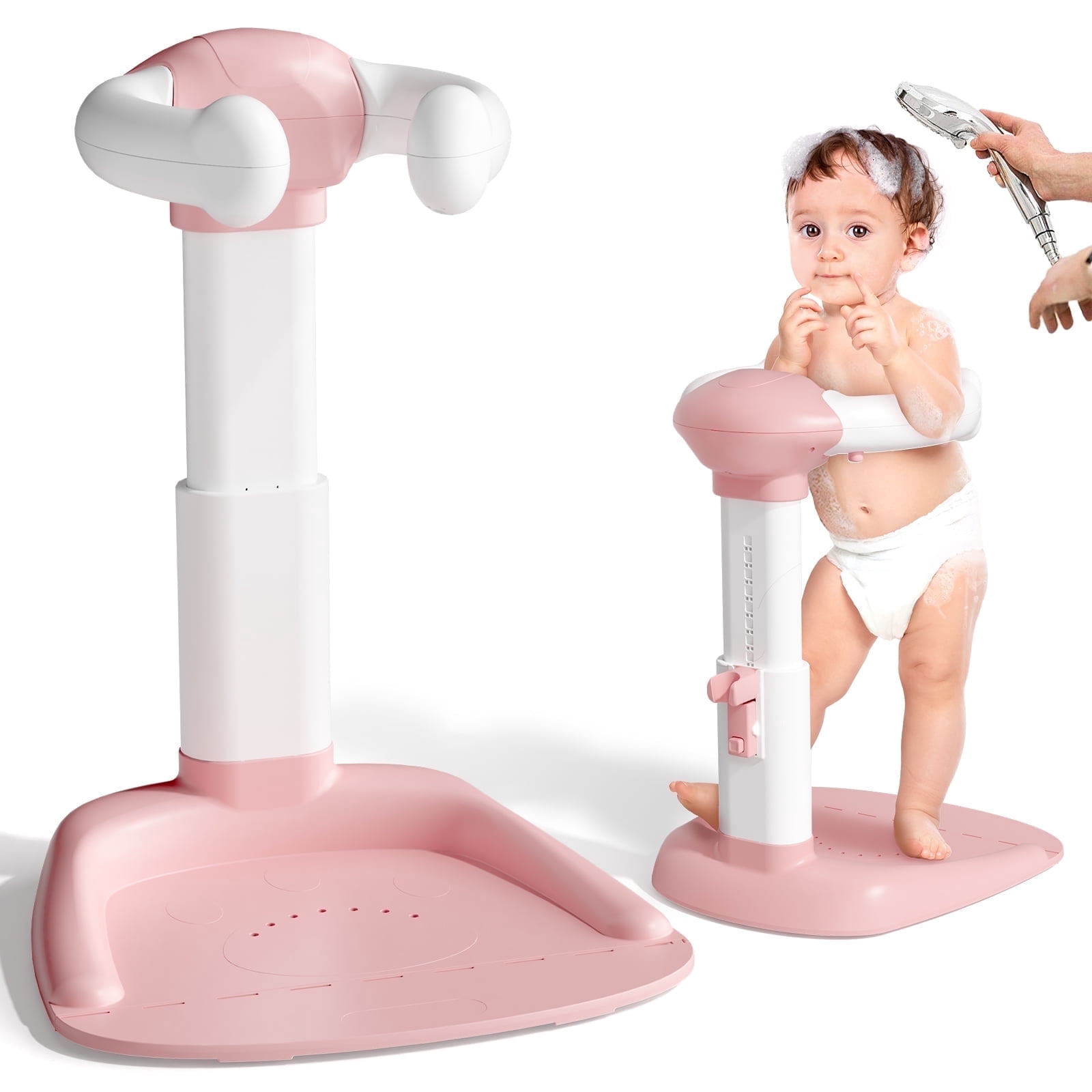 COOSEYA Baby Bath with Shower Stand Support, Anti-Pinch Soporte para Bañera de Bebé Adjustable Shower Tower and Anti-Slip for Toddler Standing Up Themselves(Pink)