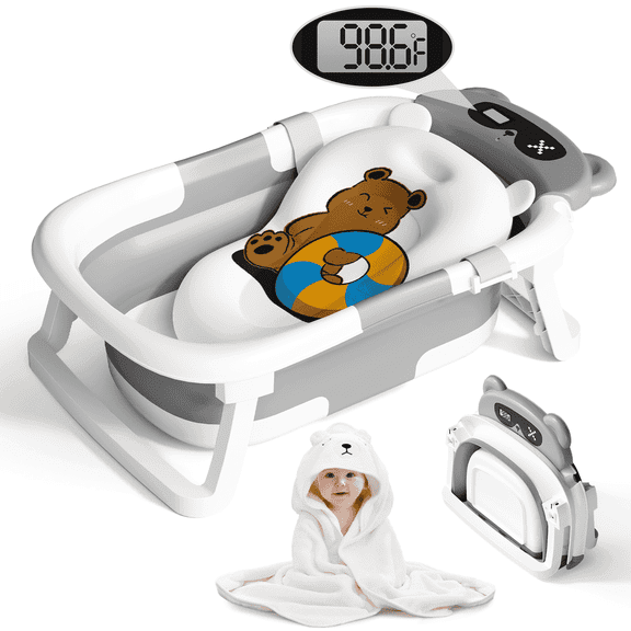 COOSEYA Bear Collapsible Baby Bathtub for Infants, Bath Tub with Cushion and Thermometer, for Newborn to Toddler Portable Travel Multifunctional Bathing 0-2 years (Gray)