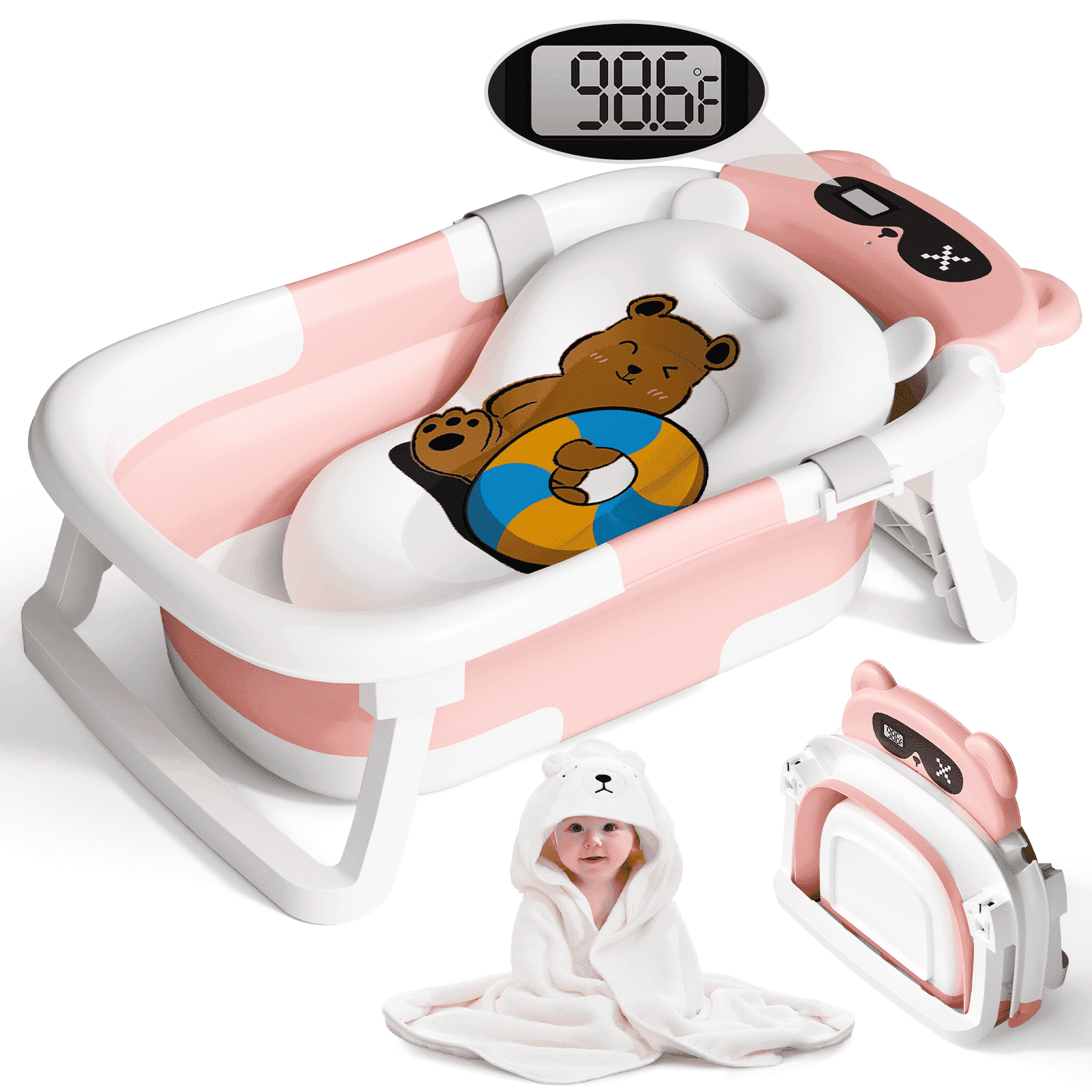COOSEYA Bear Collapsible Baby Bathtub for Infants, Bath Tub with Cushion and Thermometer, for Newborn to Toddler Portable Travel Multifunctional Bathing 0-2 years (Pink)