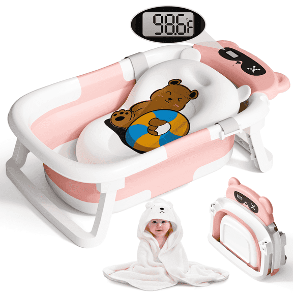 COOSEYA Bear Collapsible Baby Bathtub for Infants, Bath Tub with Cushion and Thermometer, for Newborn to Toddler Portable Travel Multifunctional Bathing 0-2 years (Pink)