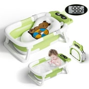 COOSEYA Baby Bathtub ,Collapsible Baby Bathtub , Bath Tub with Cushion and Thermometer ,Newborn to Toddler Portable Travel Multifunctional Bathing 0-2 Years (Bear/Green)