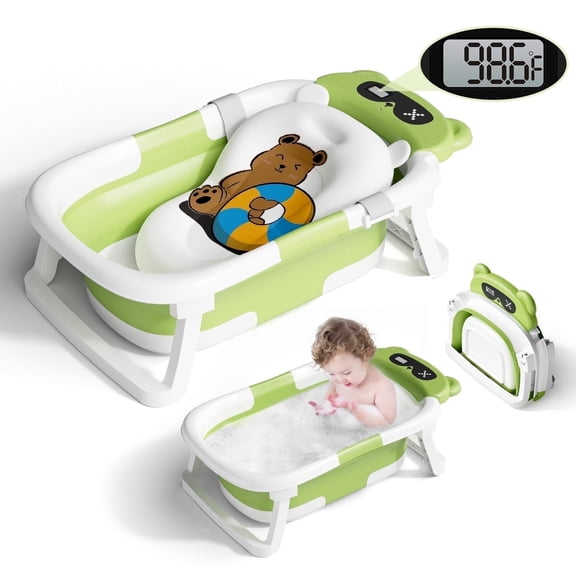 COOSEYA Collapsible Baby Bathtub with Soft Cushion & Thermometer, Portable Travel Folding Baby Bath Tub for Newborn to Toddler 0-2 Years,Green