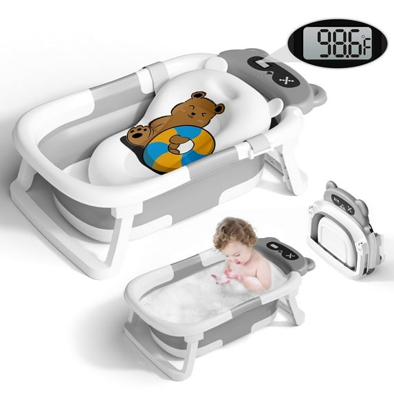COOSEYA Bear Collapsible Baby Bathtub for Infants, Bath Tub with Cushion and Thermometer, for Newborn to Toddler Portable Travel Multifunctional Bathing 0-2 years (Gray)