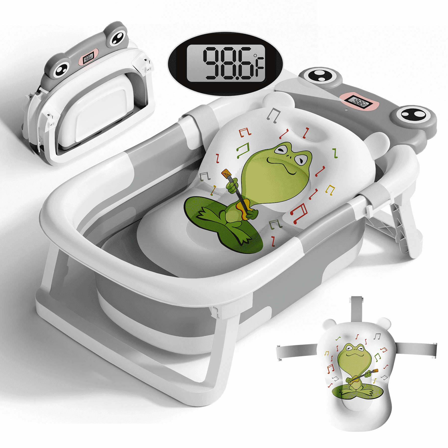 COOSEYA Baby Bathtub, Collapsible Baby Bath Tub with Cushion and Thermometer, Portable, Plastic, 1 Count(Frog/Grey)