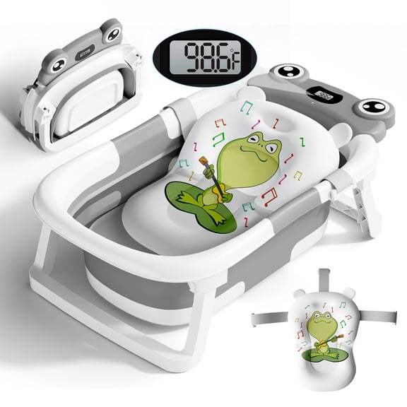 COOSEYA Collapsible Baby Bathtub with Cushion & Thermometer, Portable Bathing Tub for Newborn to Toddler (Frog/Grey)
