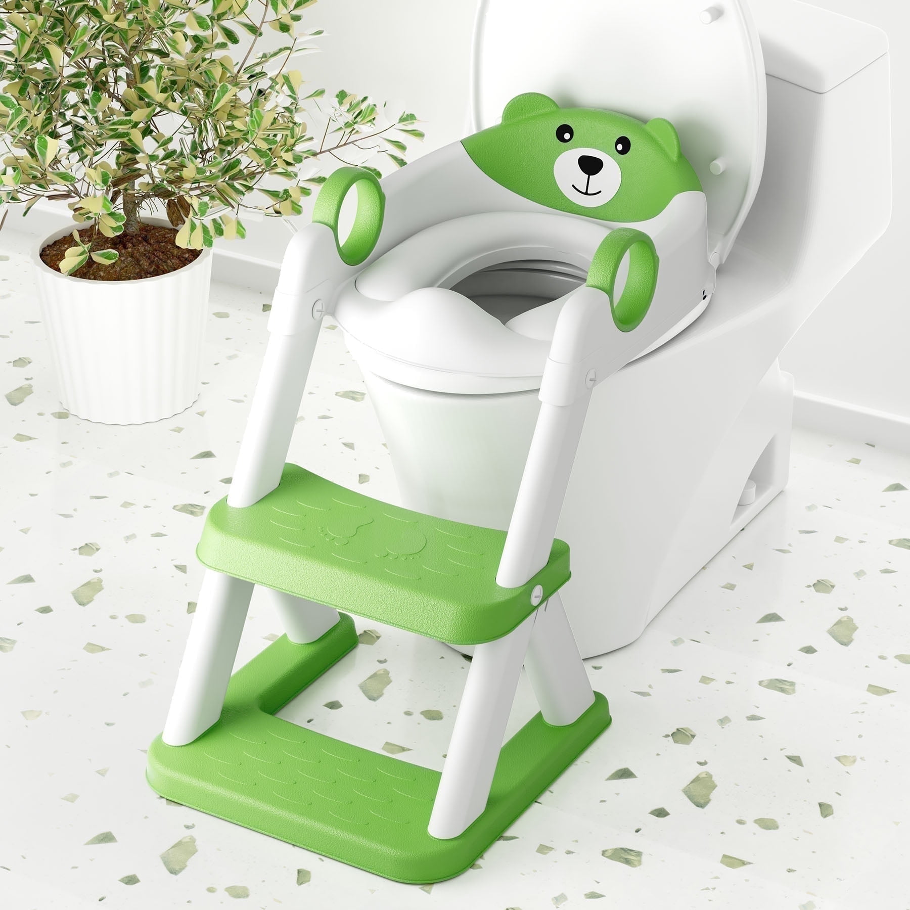 COOSEYA Bear potty training seat, upgrade toddler toilet seat with triangle base structure for kids boys girls, 2 in 1 bathroom potty training, waterproof cushioned mat with anti-slip pad (Green)