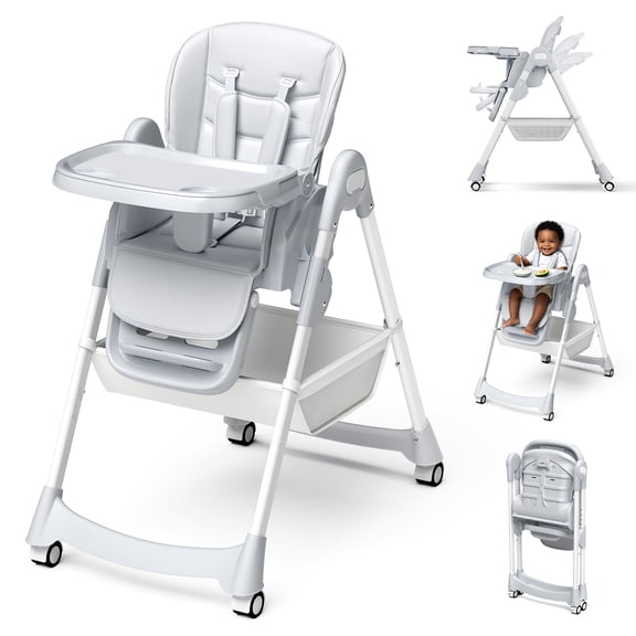 COOSEYA High Chair for Babies and Toddlers, Baby High Chair with Removable Tray, Adjustable Backrest, Footrest Height Settings, Space-Saving Design, Foldable(Gray)