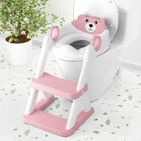 COOSEYA Potty Training Seat , Potty Training Toilet for Kids , Toddler Toilet Seat with Ladder, Children 12+ Months(Bear/Pink)