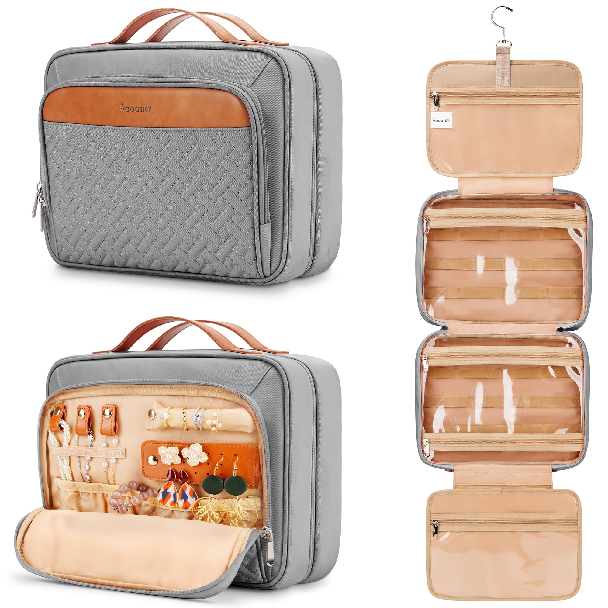 COOSKY Travel Hanging Toiletry Bag for Women, with Jewelry Organizer Compartment, Medium Waterproof Hanging Makeup Accessories, Cosmetic Essentials, Toiletries Dopp Kit Set with Trolley Belt, Gray
