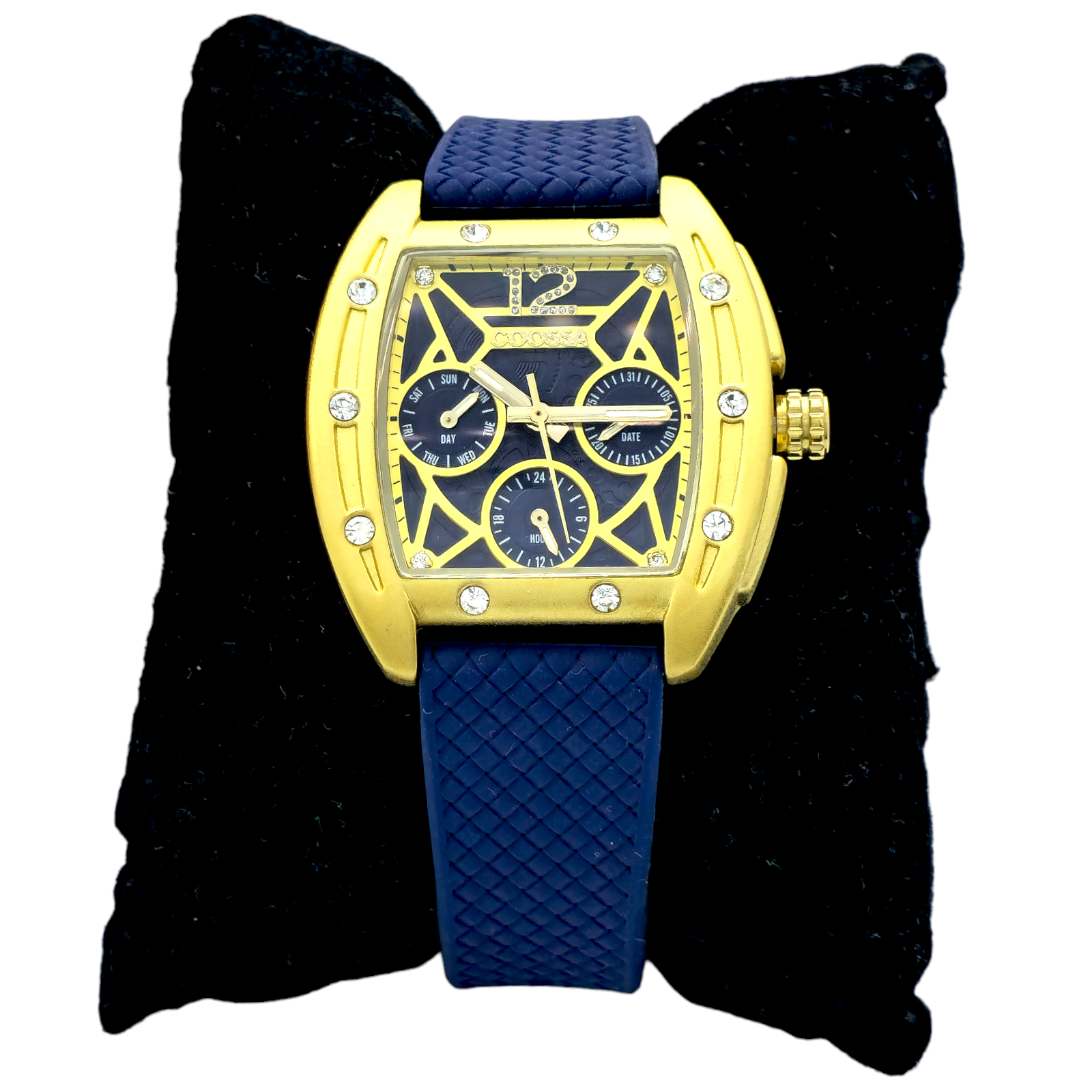 Reloj de edición especial para mujer, forma tonneau de 35 mm, dorado y azul, con fecha y día