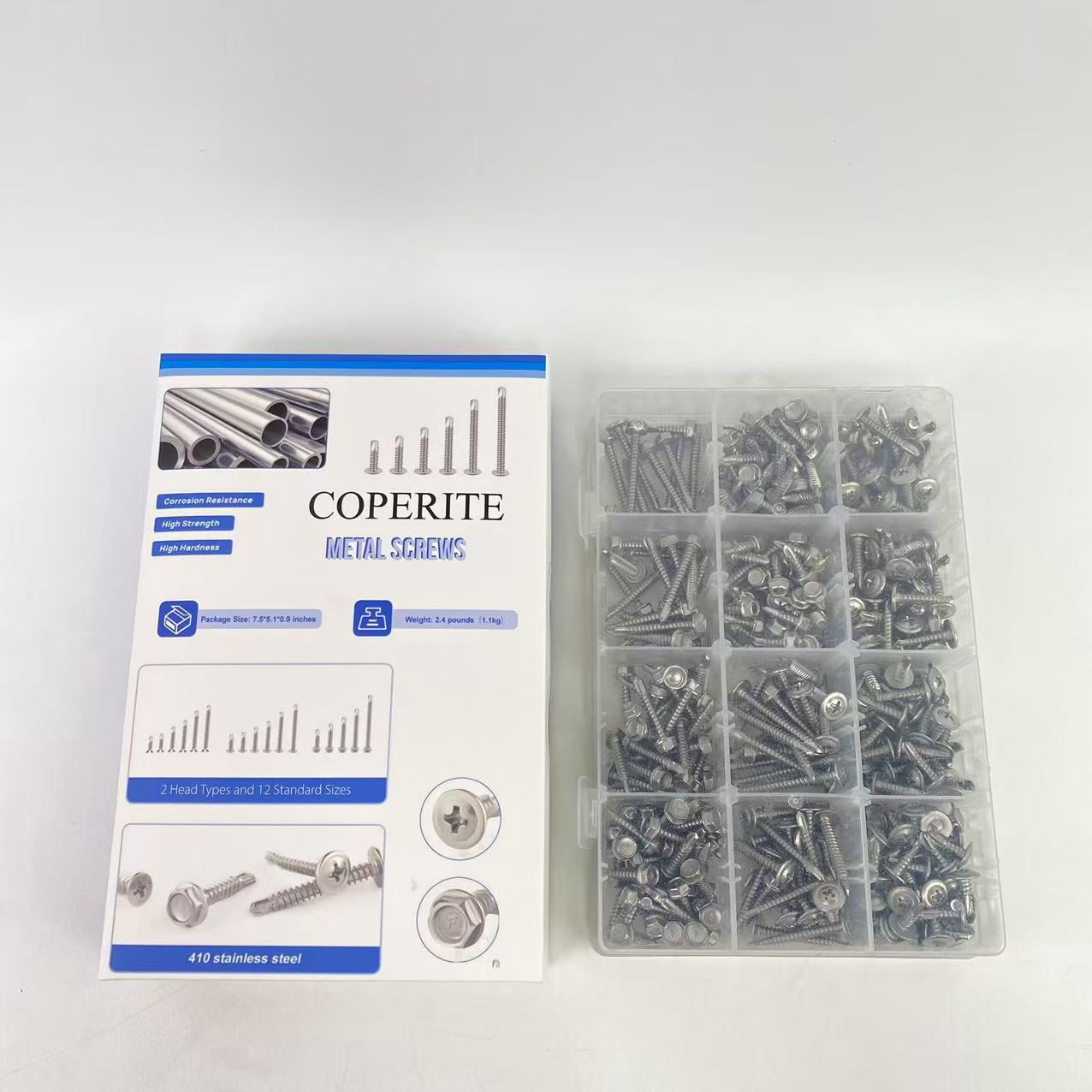 COPERITE Metal screws,Self Tapping Screws for Metal, 410 Stainless Steel #8 Self Drilling Screws Assortment Set, 245PCS Assorted Truss Head & Hex Head Self Tapping Sheet Metal Screws, Length 12 to 2