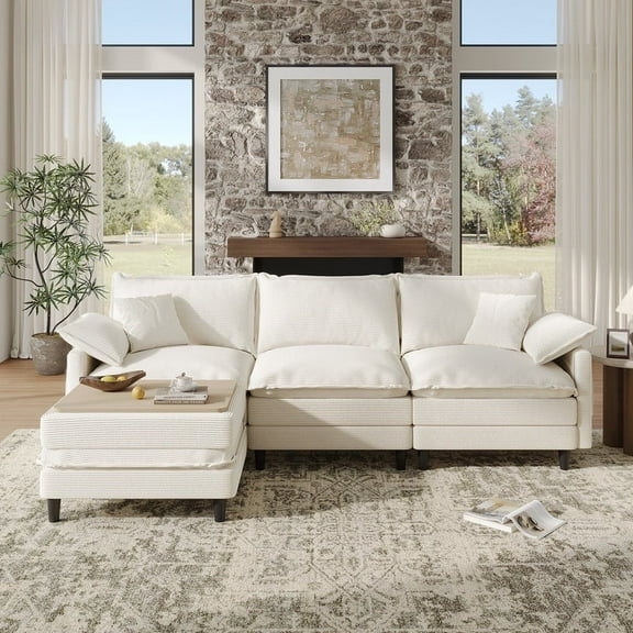 COPIAE 108" L Shaped Modular Sectional Cloud Couch with Ottoman, Snap-on Easy Installation 3 Seater Deep Seat Sofa With Storage Bag and Coffee Table for Living Room, Corduroy, Beige