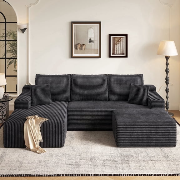 COPIAE 108" Modular Sectional Cloud Couch with Ottoman, Boneless U-Shaped Sofa with Deep Seat, Comfy Corduroy Couches for Living Room, No Assembly Required, Dark Gray