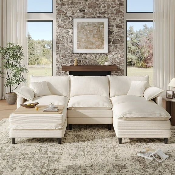 COPIAE 108" U Shaped Modular Sectional Cloud Couch with Two Ottoman, Snap-on Easy Installation 5-Piece Deep Seat Sofas With Storage Bag and Coffee Table for Living Room, Corduroy, Beige