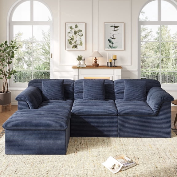 COPIAE 112" Modular Cloud Sectional Couch with Ottoman, Modern Upholstered Compressed Sofa with Deep Seat, Comfy L-Shape Corduroy Couches for Living Room, No Assembly Required, Blue