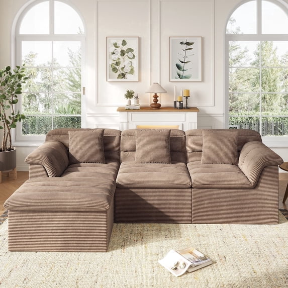 COPIAE 112" Modular Cloud Sectional Couch with Ottoman, Modern Upholstered Compressed Sofa with Deep Seat, Comfy L-Shape Corduroy Couches for Living Room, No Assembly Required, Camel