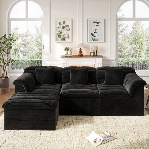 COPIAE 112" Modular Cloud Sectional Couch with Ottoman, Modern Upholstered Compressed Sofa with Deep Seat, Comfy L-Shape Corduroy Couches for Living Room, No Assembly Required, Black