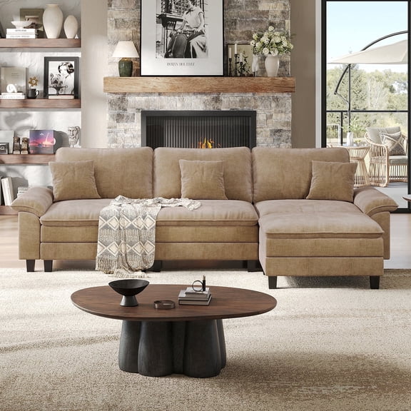 COPIAE 123'' Cloud Modular Couch Sofa, Oversized 3 Seat Comfy Sofa For Living Room, Sectional Couches With Ottoman, Detachable Seat Cushion & Backrest Cover, Chenille Fabric Oatmeal