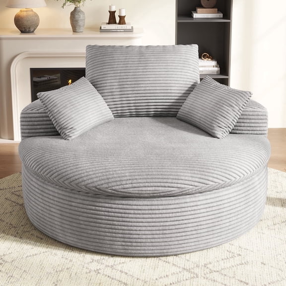 COPIAE 59" Oversized Round Corduroy Chaise Lounge Chair, Double-Layer Upholstered Cushion Sofa Bed with 2 Throw Pillows & Back Pillow for Living Room, No Assembly Required, Light Gray
